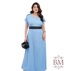 Vestido Longo, Azul, Crepe Twil, Detalhe Preto, Pala Azul, Dona Charme BM1297 - loja online