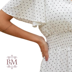 Vestido Maxi Midi, Viscolinho, Poá Branco, Decote V, Lastex Cintura, Manga Godê, Miss Moda BM1301 - comprar online