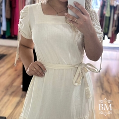Vestido Longo, Cru, Brim, Decote Quadrado, Manga Princesa, Elástico Cintura, Cinto, Forro, Fagian BM1237C na internet