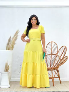 Vestido Longo Amarelo, Crepe Seda, Saia 3 Marias, Decote Quadrado, Cinto Forrado, Zíper, Forro, Enncante BM1247A - BellaMolina Modas