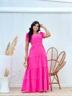 Vestido Longo Rosa, Crepe Seda, Saia 3 Marias, Decote Quadrado, Cinto Forrado, Zíper, Forro, Enncante BM1247R - loja online