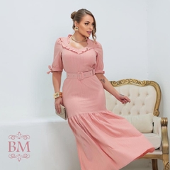 Imagem do Vestido Midi, Sereia, Rosé, Crepe Texturizado, Amarração Manga, Detalhe Decote, Forro, Cinto, Feminine BM1269
