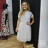 Vestido Midi, Off, em Crepe, Detalhe Prega Manga, Bordado Frente, Lara Valentina BM1144