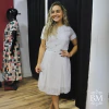 Vestido Midi, Off, em Crepe, Detalhe Prega Manga, Bordado Frente, Lara Valentina BM1144