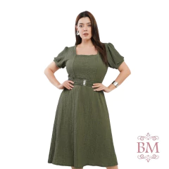 Vestido Midi, Verde, Malha Texturizada, Manga Punho, Decote Quadrado, Cinto Elástico, Dona Charme BM1272