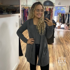 Cardigan, Malha Canelada, Cinza Escuro, Bolsos, Detalhe Frontal, Acompanha Regata, DZ BM0974