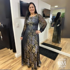 Vestido Longo, Preto Estampado, Crepe Malha, Manga Longa Tule, Forro, Lara Valentina BM1147
