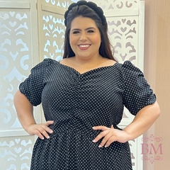 Vestido Longo, Crepe, Poá, Drapeado Busto e Manga, Lastéx Costa, Forro, Babado, Collucci BM1267P - loja online