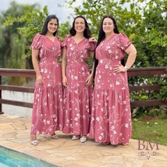 Imagem do Vestido Longo, Crepe de Seda, Rosé, Botão , Manga Bufante, Recorte Cintura com Lastéx atrás, Collucci BM1286R