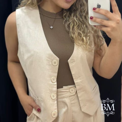 Conjunto Areia, Calça e Colete, Linho, Forro, Botões Forrados, Bolsos BM1223A na internet