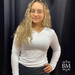 Blusa Malha Canelada, Branca, Manga Longa, Decote V, Mirasul, BM0963 - comprar online