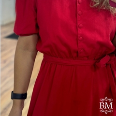 Vestido em Brim, Vermelho, Decote V, Manga Princesa, Saia 2 Marias, Cinto, Fagian BM1176 - comprar online