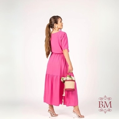 Vestido Viscolinho, Rosa, Decote Canoa, Manga 3/4, Babado Saia, Elástico Cintura, Cinto, Forro, Miss Moda BM1140 na internet