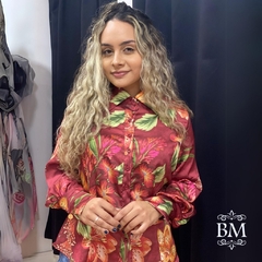 Camisa, Manga Longa, Estampada, Crepe Acetinado, Detalhes Prega Manga, Punho Largo, Kauly BM0982