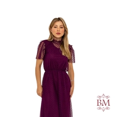 Vestido em Tule Poá, Vinho, Gola Alta, Elástico Cintura, Fagian BM1115 - comprar online
