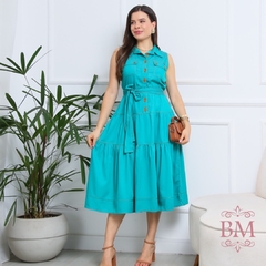 Vestido Midi, Viscojeans, Verde, Sem Manga, Bolsos, Botões Funcionais, Cinto Faixa, Rosarrara BM1266V - comprar online