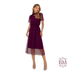 Vestido em Tule Poá, Vinho, Gola Alta, Elástico Cintura, Fagian BM1115