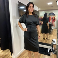 Vestido, Plus Size, Malha Fluit, Manga ¾, Preto, Forrado, Cinto, La Sève BM0944