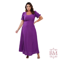 Vestido Longo, Roxo, Malha Texturizada, Manga Elástico, Decote Quadrado, Bolso, Zíper, Dona Charme BM1273