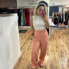 Pantalona Crepe, Salmão, Vinco, Elástico Cós, Bolso, Botão Encapado , BM0965S