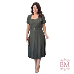 Vestido Midi, Verde, Malha Texturizada, Manga Punho, Decote Quadrado, Cinto Elástico, Dona Charme BM1272