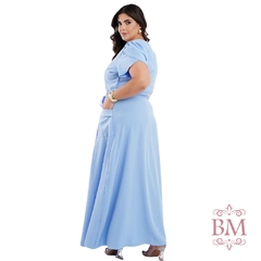 Vestido Longo, Crepe, Evasê, Azul, Detalhe Manga, Bolsos, Cinto Fixo, Dona Charme BM1245A - loja online