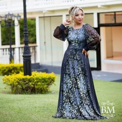 Vestido Longo, Preto Estampado, Crepe Malha, Manga Longa Tule, Forro, Lara Valentina BM1147 na internet