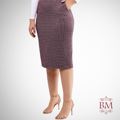 Saia Evasê, Pied Poule, Cinza, Bolsos, Elástico Cós Traseiro, Detalhe Botão Frontal, Mirasul BM1099 - comprar online