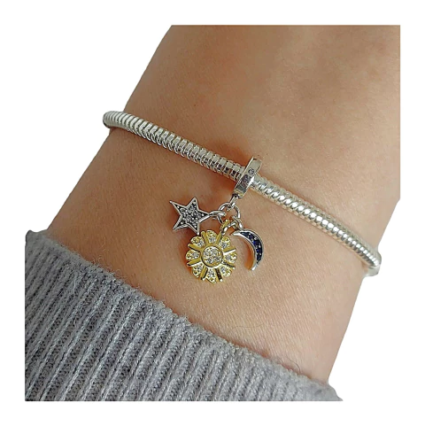 DIJE CHARM MODELO ESTRELLA SOL Y LUNA CUBICS / PLATA 925