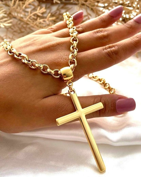 Colar com pingente cruz GG lisa - banhado a ouro 18k