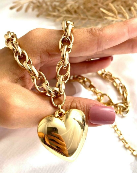 Colar elos GG com pingente de coração liso - banhado a ouro 18k