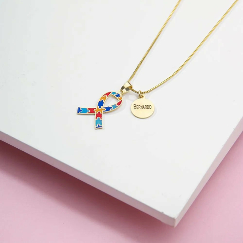Colar símbolo autismo nome filho/filha - Banhado ouro 18k