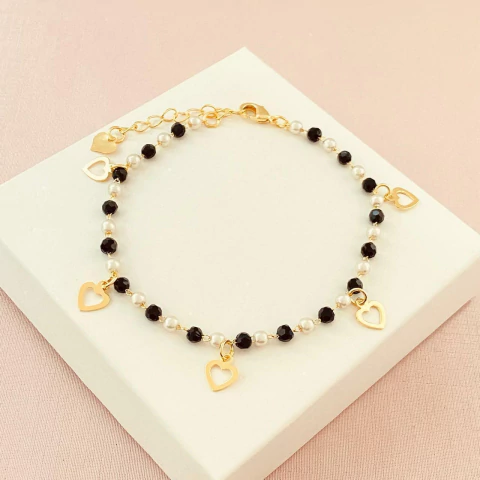 Pulseira corações e pérolas - banhado ouro 18k