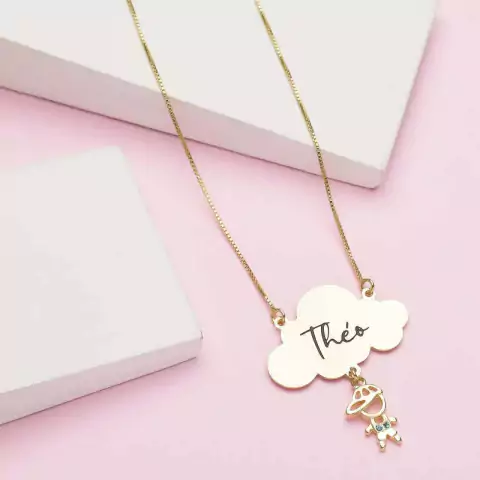 Colar nuvem e nome filho/filha - Banhado ouro 18k