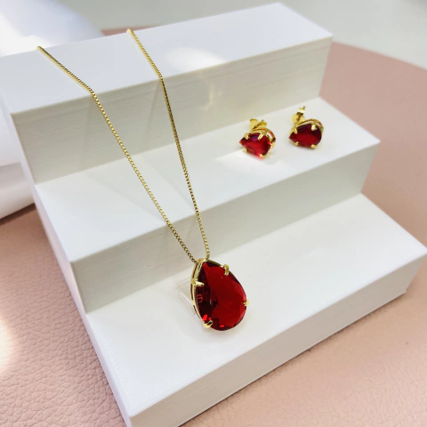 Conjunto gota M vermelha - banhado a ouro 18k - comprar online