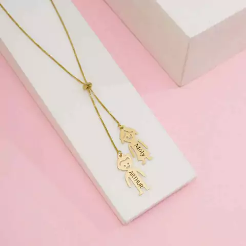 Colar gravatinhas bonequinhos nome filho/filha - Banhado ouro 18k