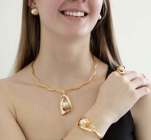 Kit 4 peças pérola orgânico - banhado a ouro 18k