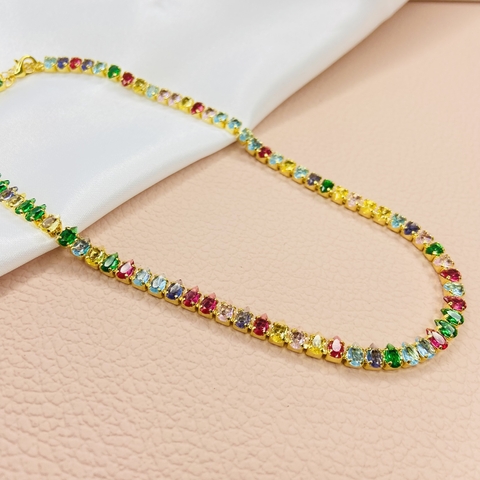 Choker riviera 3 pontas GG coloridas - Banhado a ouro 18k