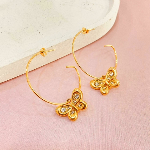 Brinco argola borboleta - banhado a ouro 18k