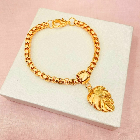 Pulseira elos veneziano e pingente folha- banhada a ouro 18k