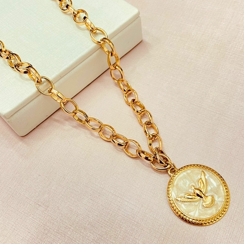 Colar elos redondos e pingente Espiríto Santo - banhado a ouro 18k