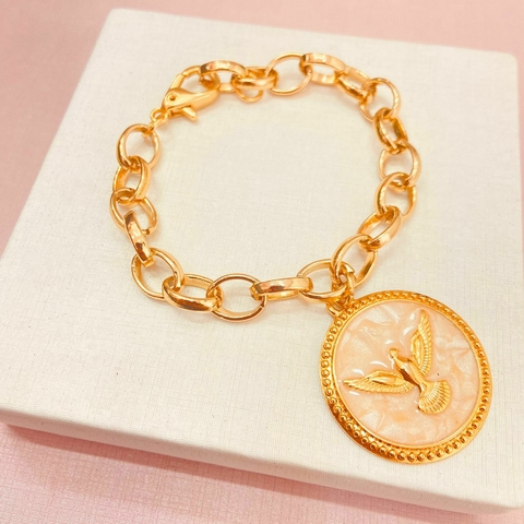 Pulseira elos redondos e pingente Espírito Santo - banhada a ouro 18k