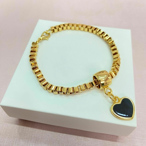 Pulseira elo veneziano e pingente coração black - banhado a ouro 18k