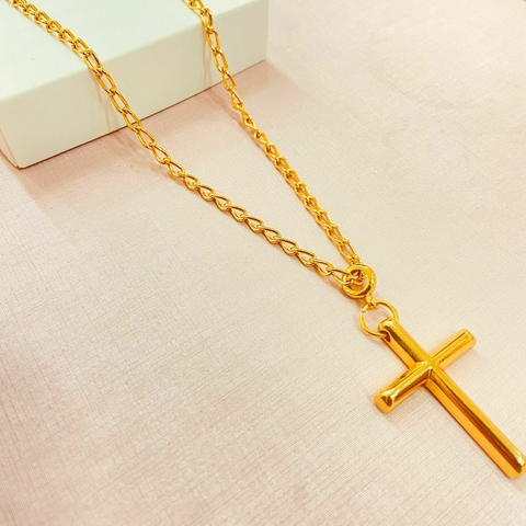 Colar elos e pingente cruz lisa - banhado a ouro e ródio - A- L - comprar online
