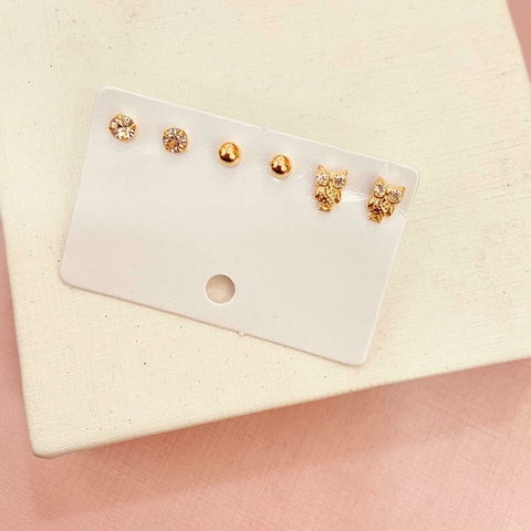 Trio de brincos bolinha, zircônia e coruja - banhado a ouro 18k - comprar online