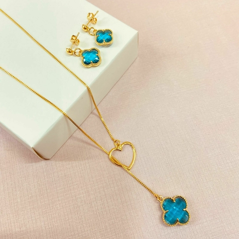 Conjunto gravatinha trevo Azul claro - banhado a ouro 18k - comprar online