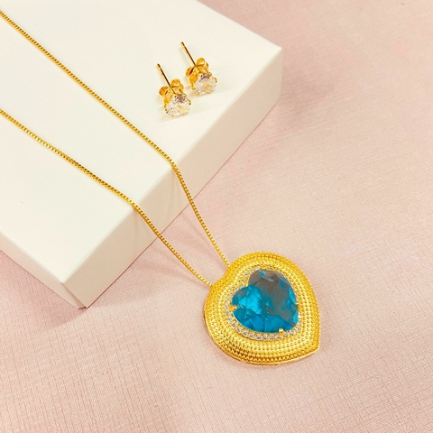 Conjunto coração azul luxo - Banhado a ouro 18k AR - comprar online