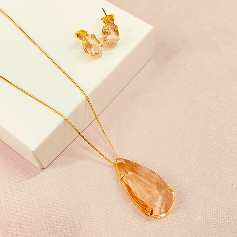 Conjunto gota longa zircônia nude - banhado a ouro 18k - comprar online