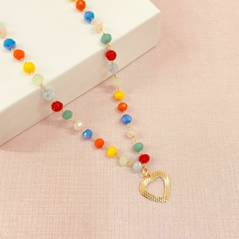 Choker cristais coloridos com ping coração - Banhado a ouro 18k - comprar online