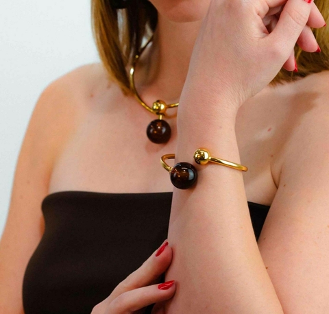 Bracelete esfera marrom - banhado a ouro 18k